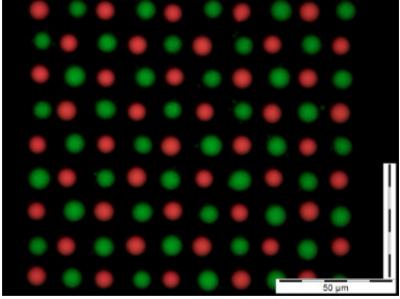 Photo-luminescent red and green quantum dot pixels, printed with highest resolution by electrostatic printing on ITO glass image